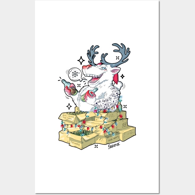 Oh deer drunk reindeer celebrating Christmas Wall Art by SPIRIMAL